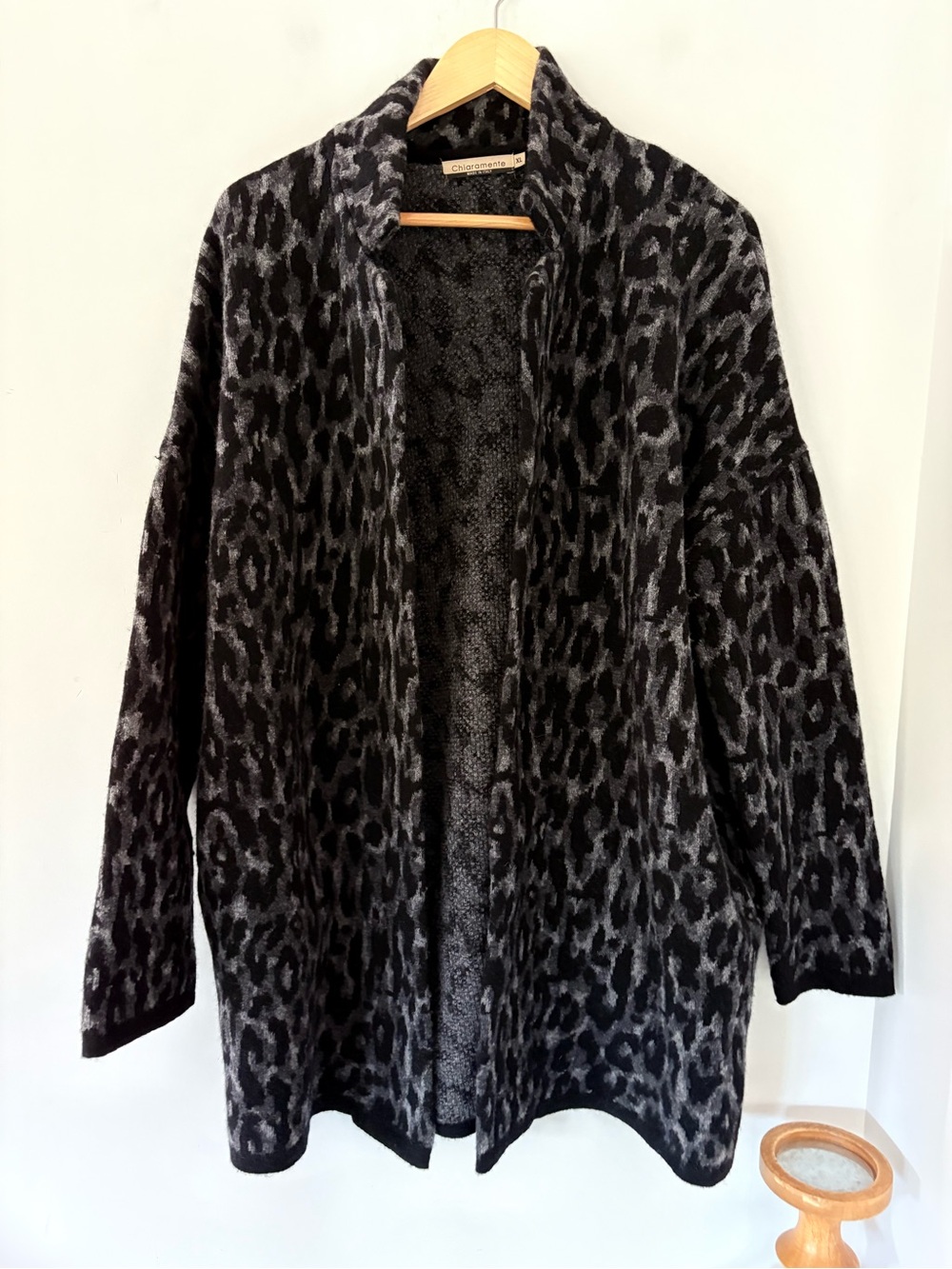 CHIARAMENTE XL Black Gray Wool Blend Leopard Open Style Cardigan Sweater Pockets